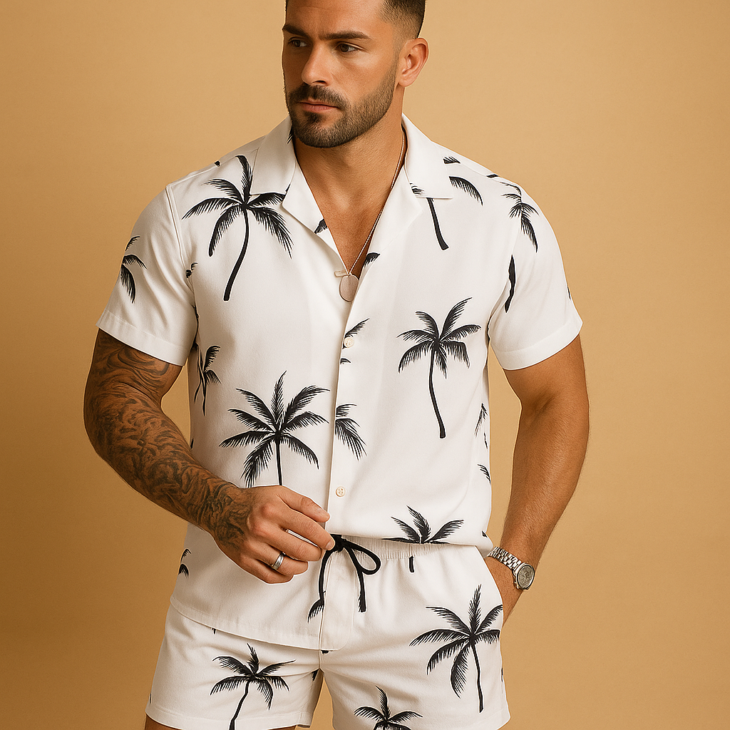 Men’s tropical print summer set with palm and feather design, perfect for beach days, vacations, and relaxed summer outings.