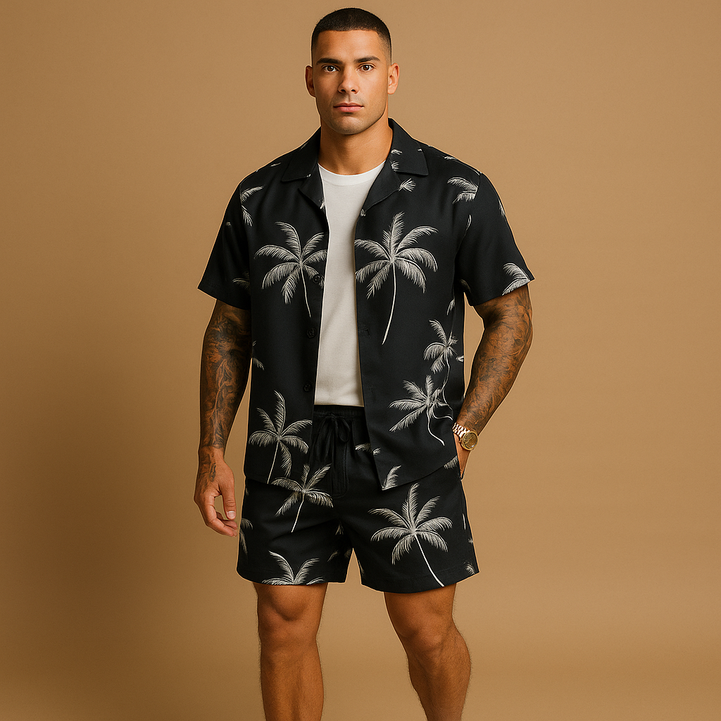 Men’s tropical print summer set with palm and feather design, perfect for beach days, vacations, and relaxed summer outings.