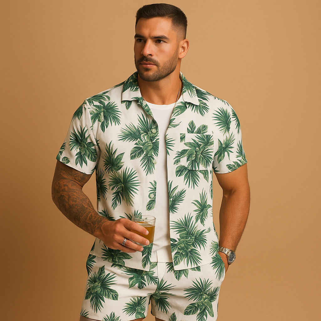 Men’s tropical print summer set with palm and feather design, perfect for beach days, vacations, and relaxed summer outings.