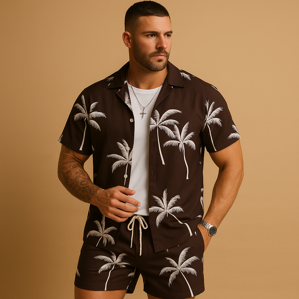 Men’s tropical print summer set with palm and feather design, perfect for beach days, vacations, and relaxed summer outings.
