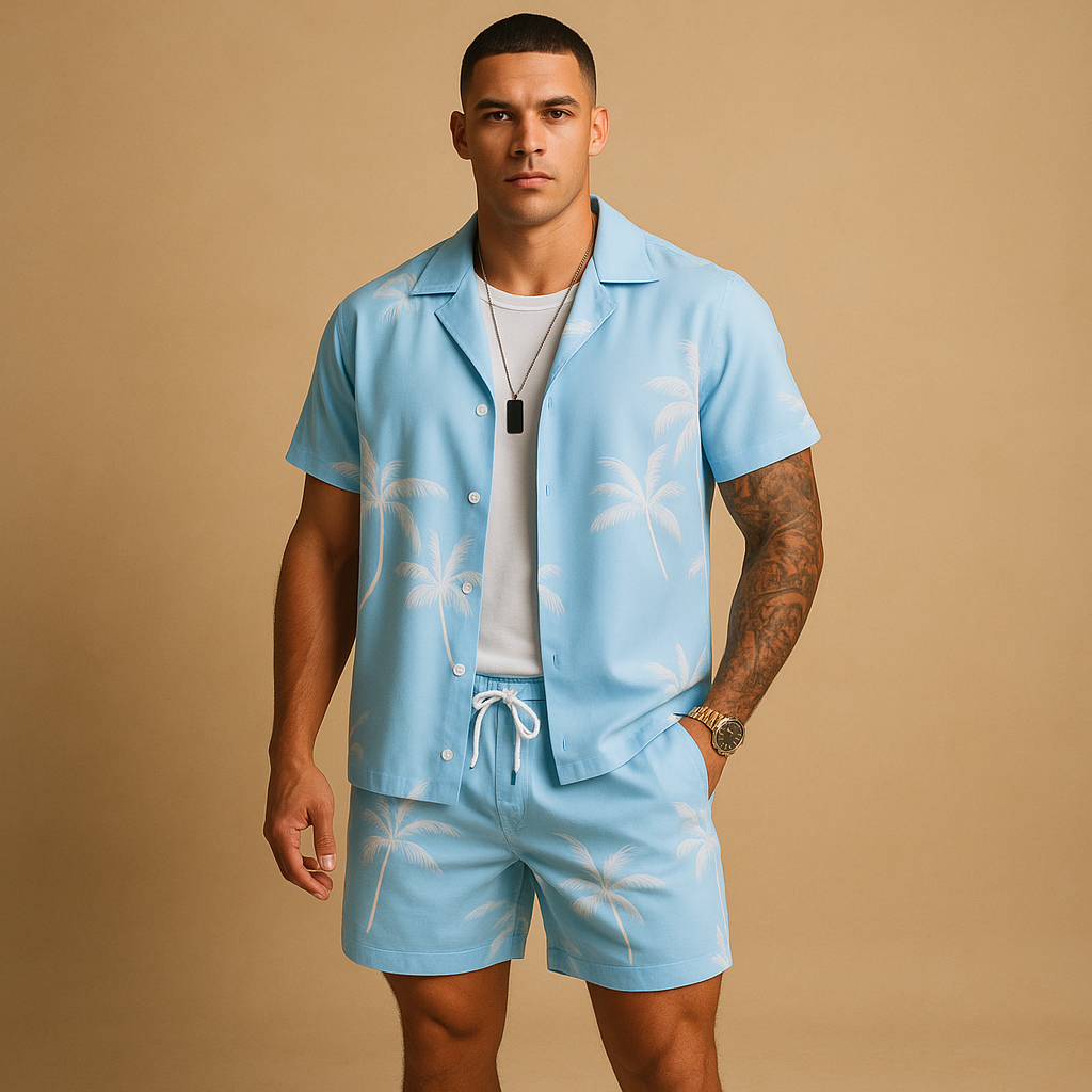 Men’s tropical print summer set with palm and feather design, perfect for beach days, vacations, and relaxed summer outings.