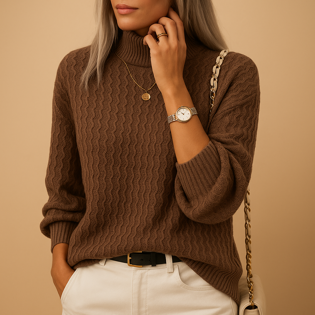 Women’s turtleneck knit sweater in apricot and coffee tones with slim, comfortable fit. Perfect for office wear, layering, or casual chic outfits.