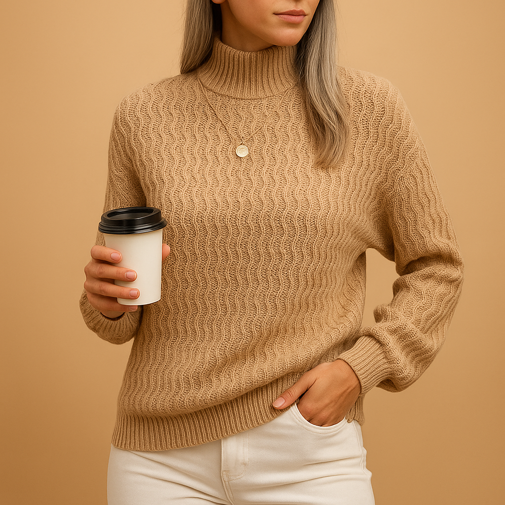 Women’s turtleneck knit sweater in apricot and coffee tones with slim, comfortable fit. Perfect for office wear, layering, or casual chic outfits.