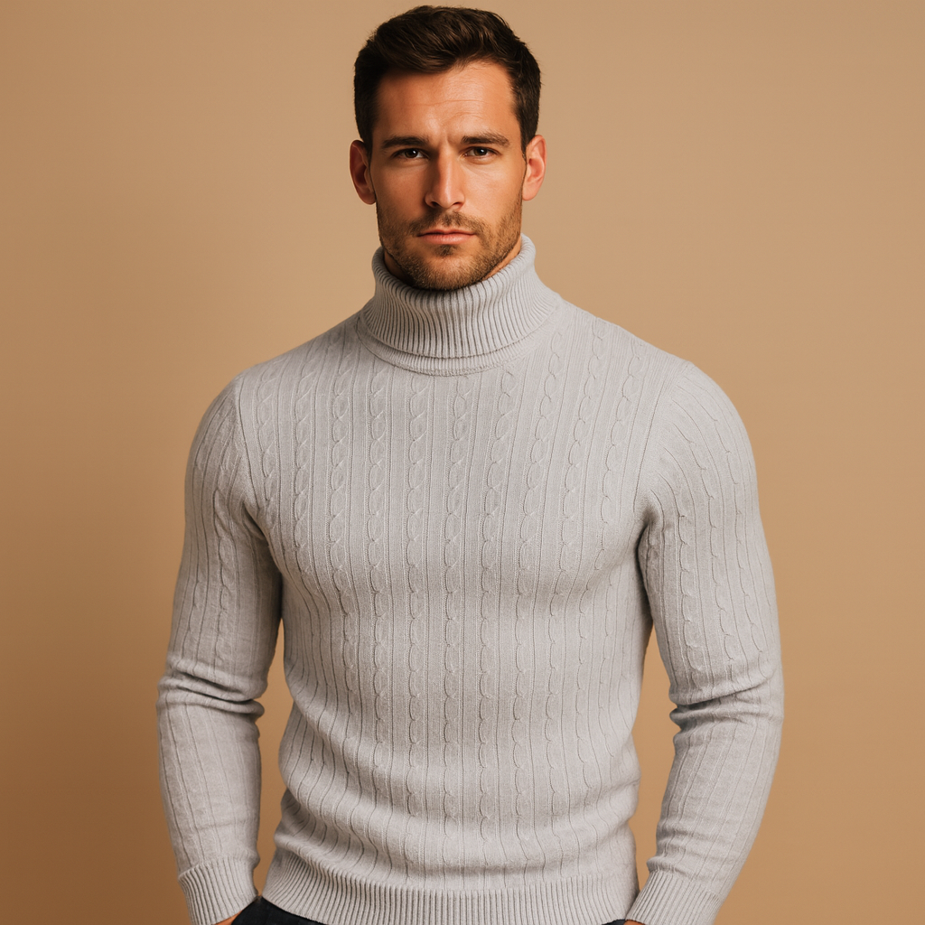 Men’s turtleneck knitted sweater with soft fabric and classic design, warm, stylish, and ideal for autumn and winter wear.