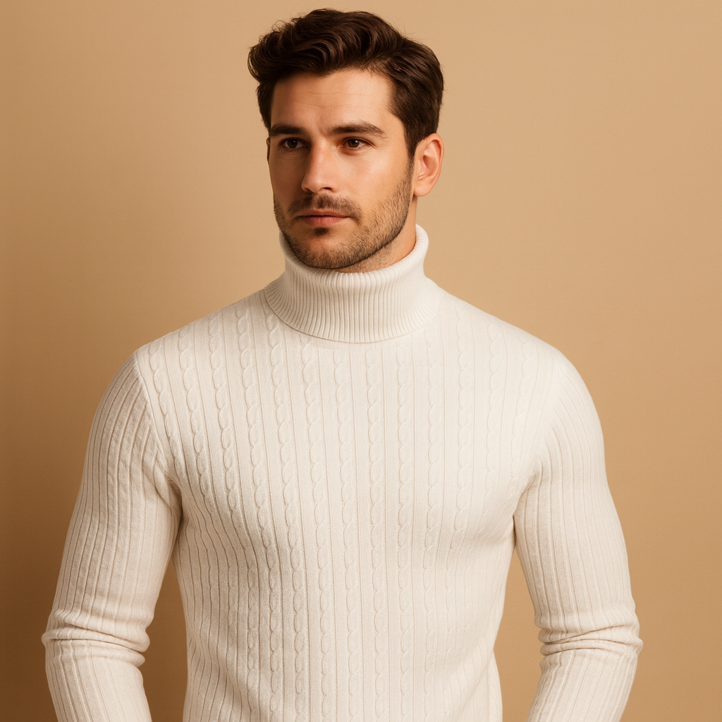 Men’s turtleneck knitted sweater with soft fabric and classic design, warm, stylish, and ideal for autumn and winter wear.