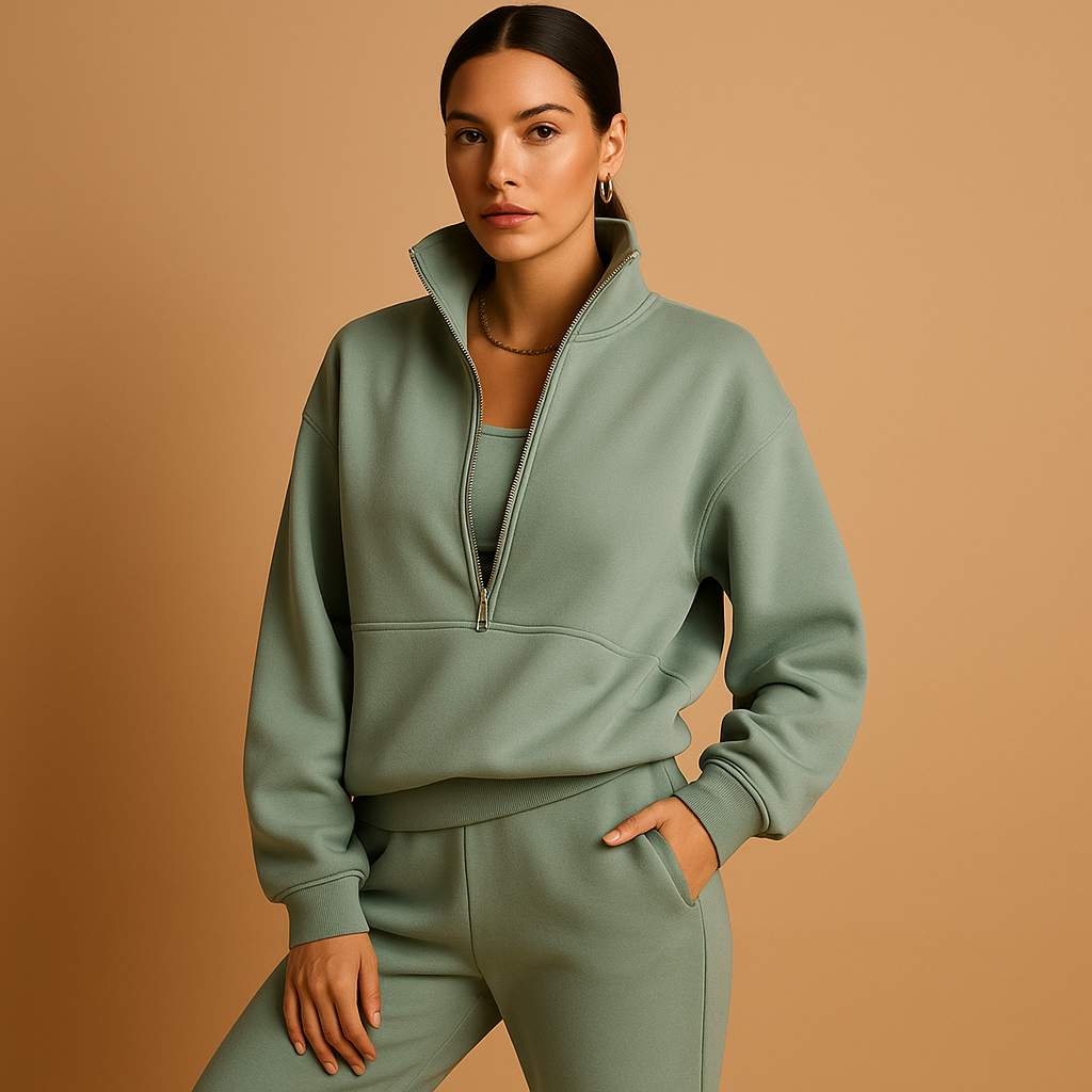 Two-piece jogging set for women with half-zip hoodie and relaxed-fit joggers, perfect for casual days, lounging, or sporty outings.