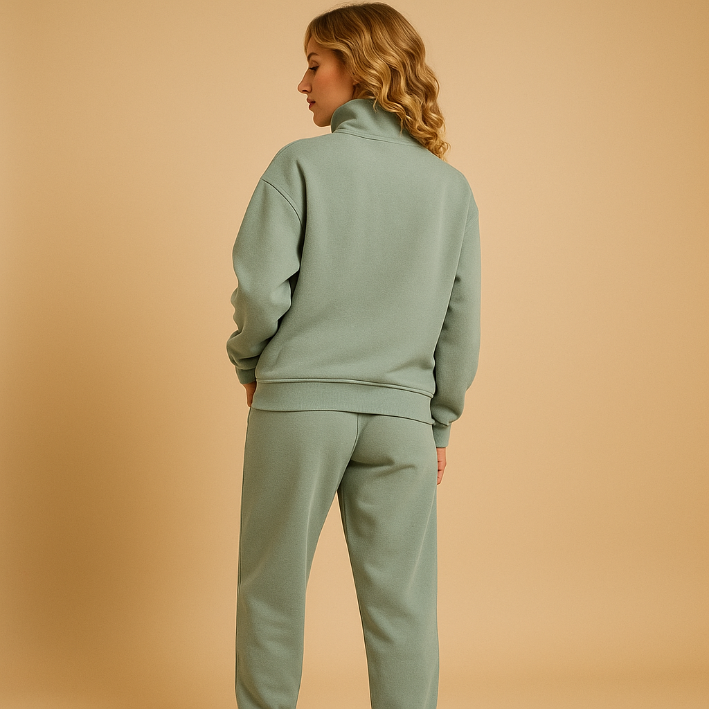 Two-piece jogging set for women with half-zip hoodie and relaxed-fit joggers, perfect for casual days, lounging, or sporty outings.