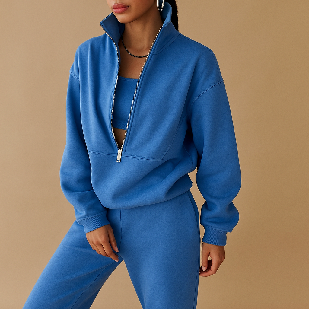 Two-piece jogging set for women with half-zip hoodie and relaxed-fit joggers, perfect for casual days, lounging, or sporty outings.