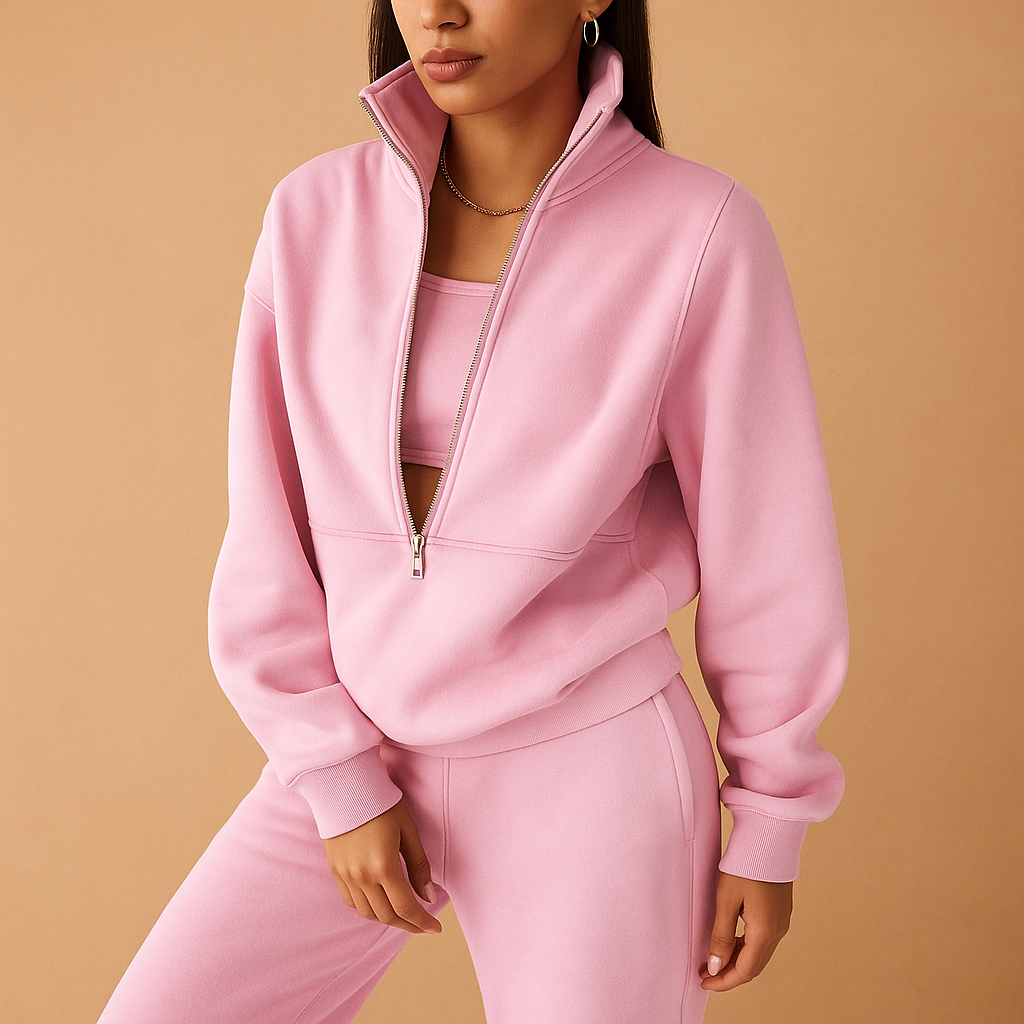 Two-piece jogging set for women with half-zip hoodie and relaxed-fit joggers, perfect for casual days, lounging, or sporty outings.