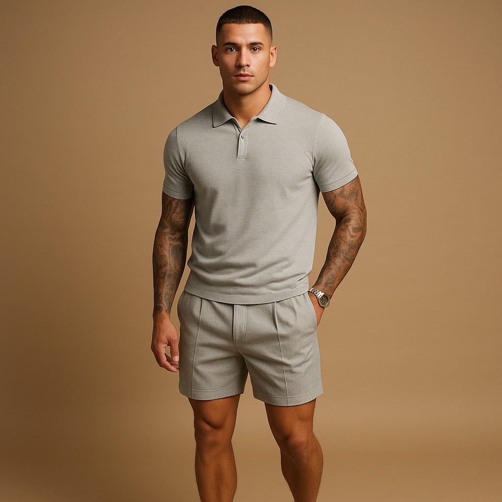 Men’s two-piece streetwear set with matching top and shorts, perfect for casual wear and urban outfits.