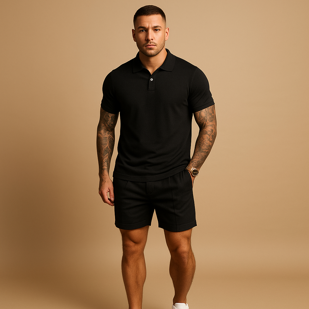 Men’s two-piece streetwear set with matching top and shorts, perfect for casual wear and urban outfits.