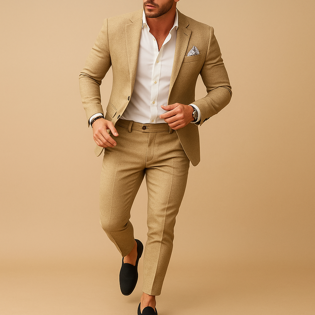 Men’s two-piece slim fit suit with blazer and trousers, perfect for weddings, business, and formal occasions.