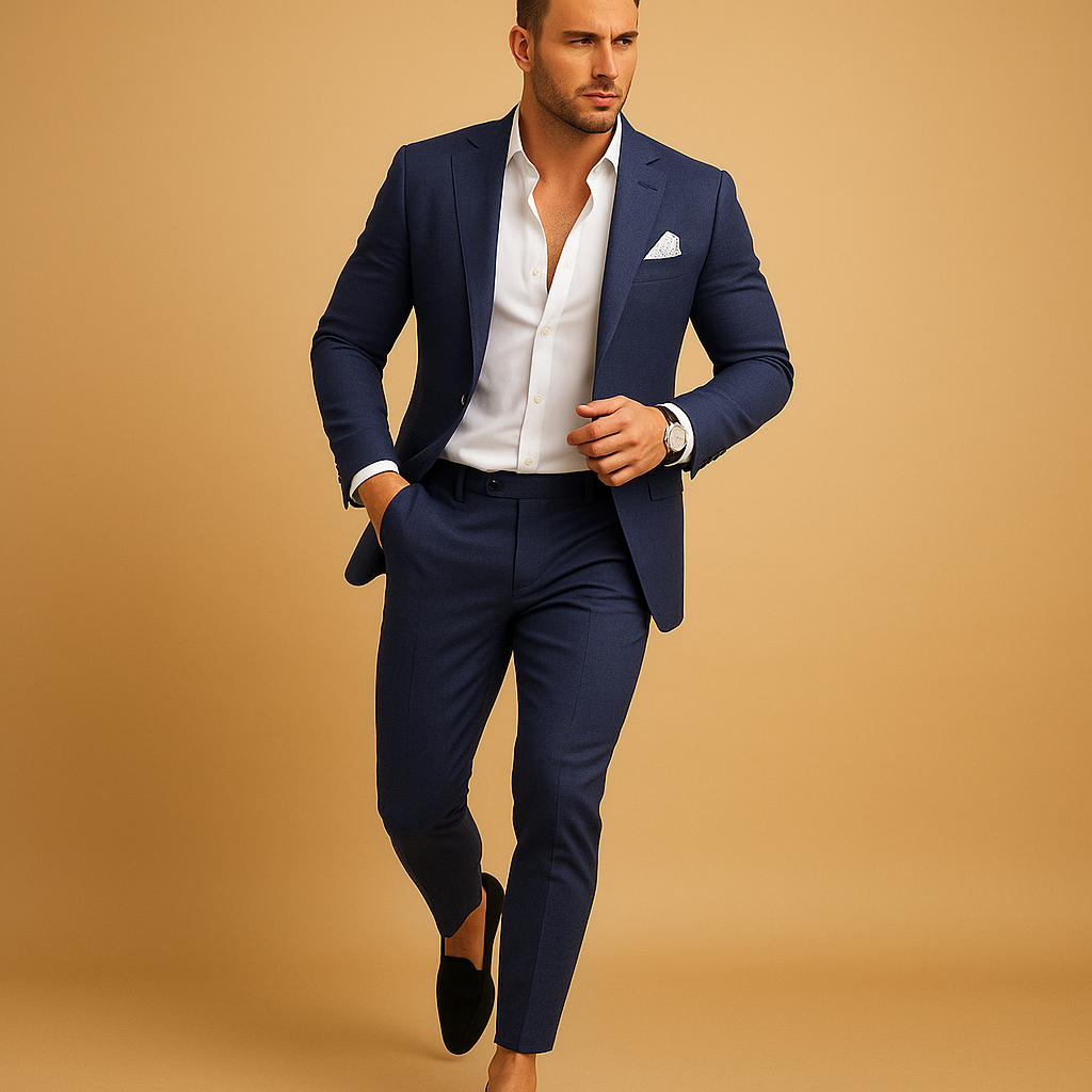 Men’s two-piece slim fit suit with blazer and trousers, perfect for weddings, business, and formal occasions.