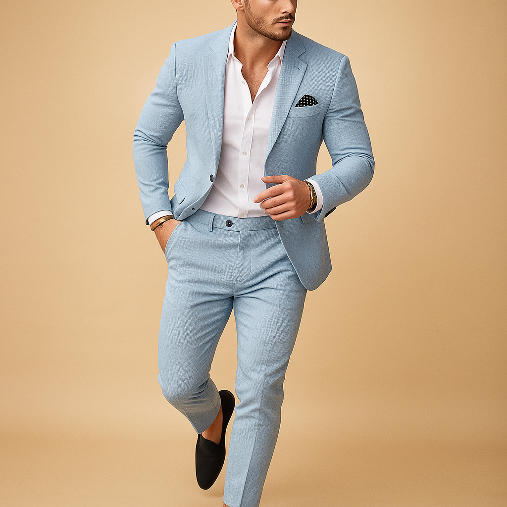 Men’s two-piece slim fit suit with blazer and trousers, perfect for weddings, business, and formal occasions.