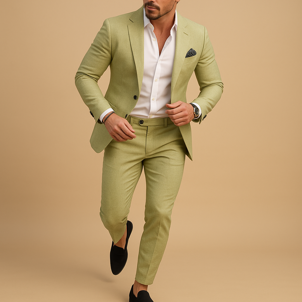Men’s two-piece slim fit suit with blazer and trousers, perfect for weddings, business, and formal occasions.