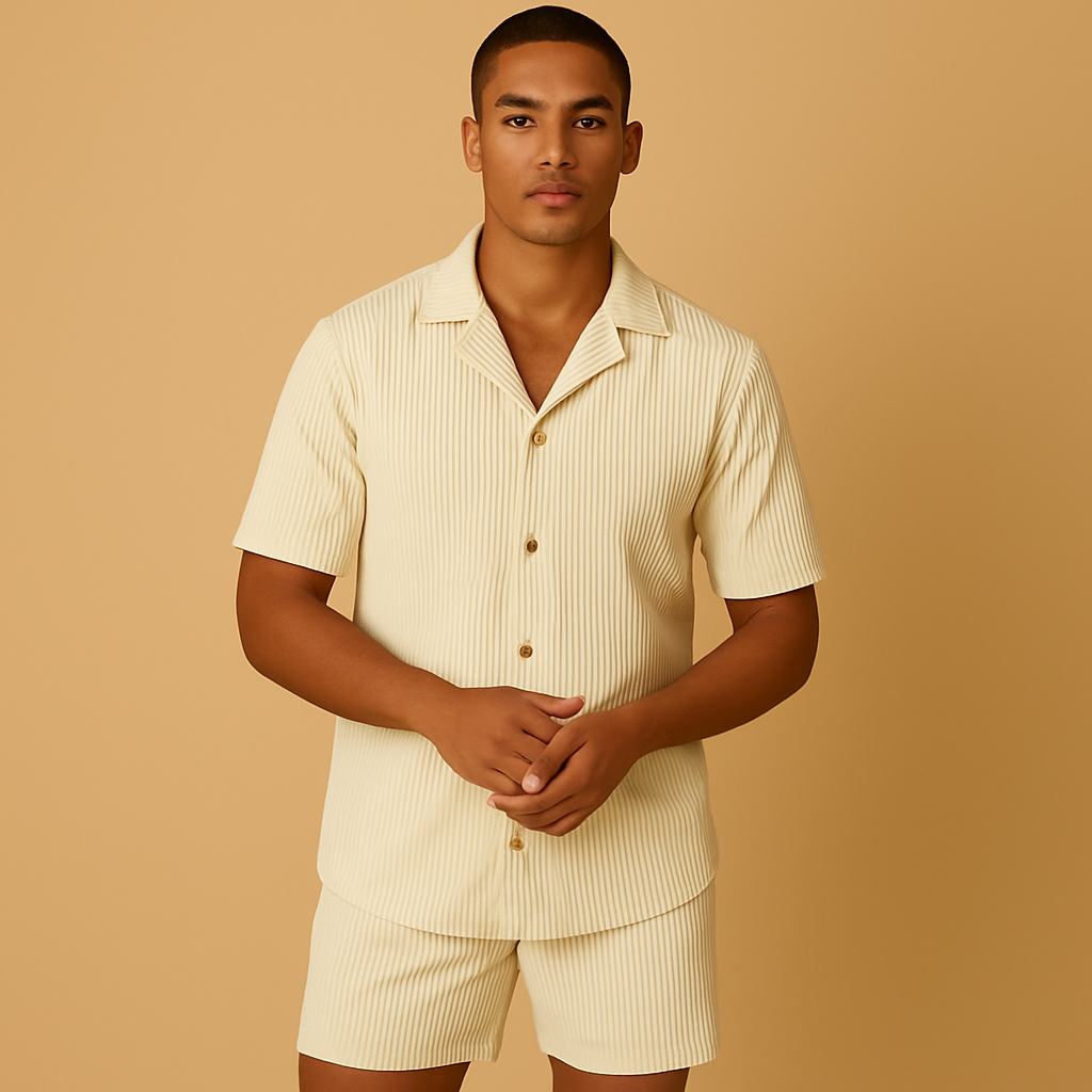 Men’s two-piece summer outfit with classic detailing, perfect for vacations, summer events, and stylish casual days.