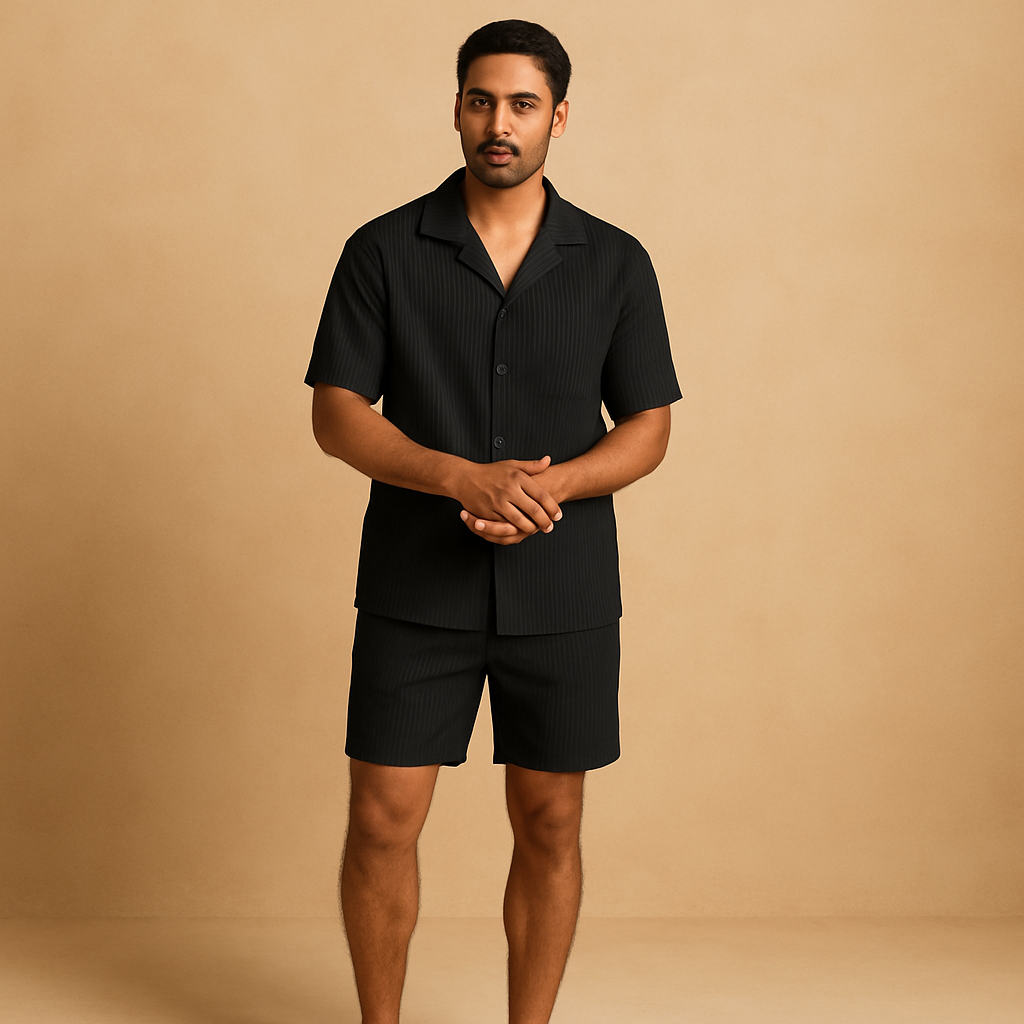 Men’s two-piece summer outfit with classic detailing, perfect for vacations, summer events, and stylish casual days.