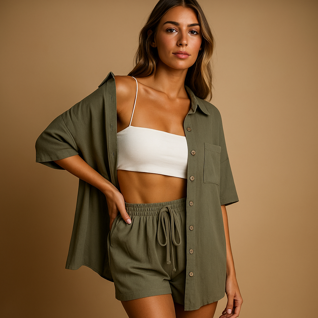 Women’s two-piece summer set with half-length cardigan and drawstring shorts, perfect for beach days, lounging, and casual summer outings.