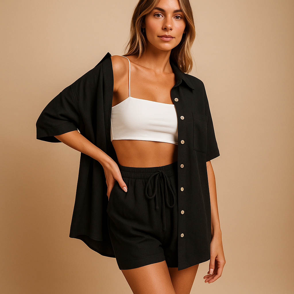 Women’s two-piece summer set with half-length cardigan and drawstring shorts, perfect for beach days, lounging, and casual summer outings.