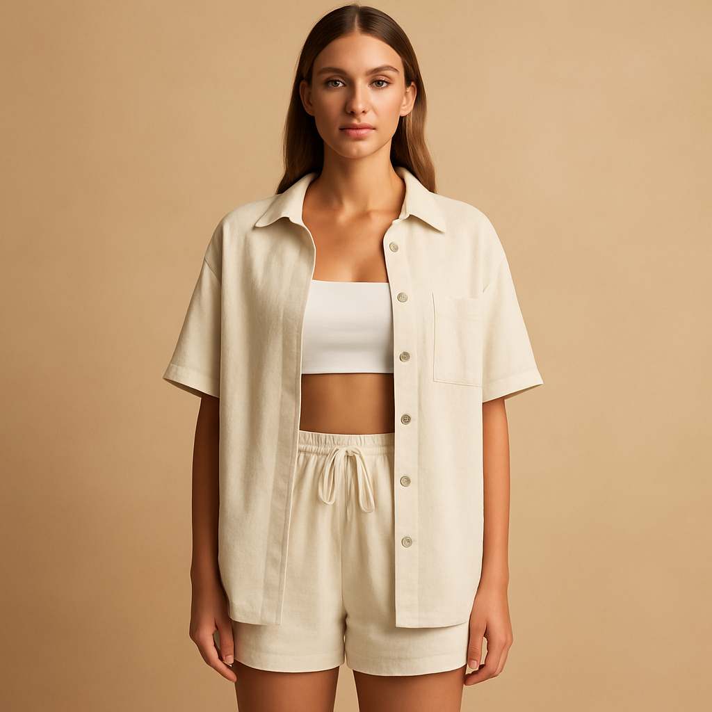 Women’s two-piece summer set with half-length cardigan and drawstring shorts, perfect for beach days, lounging, and casual summer outings.