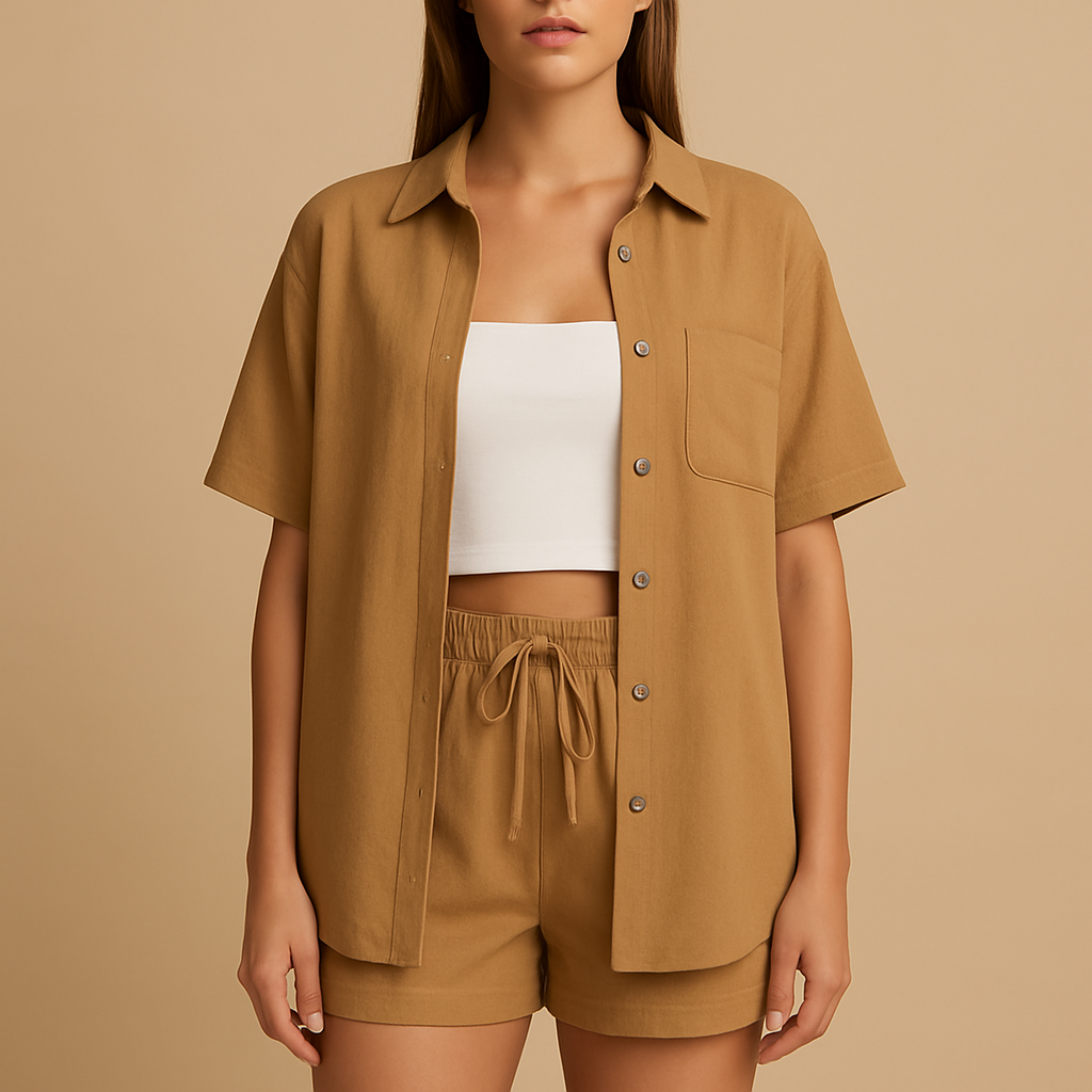 Women’s two-piece summer set with half-length cardigan and drawstring shorts, perfect for beach days, lounging, and casual summer outings.