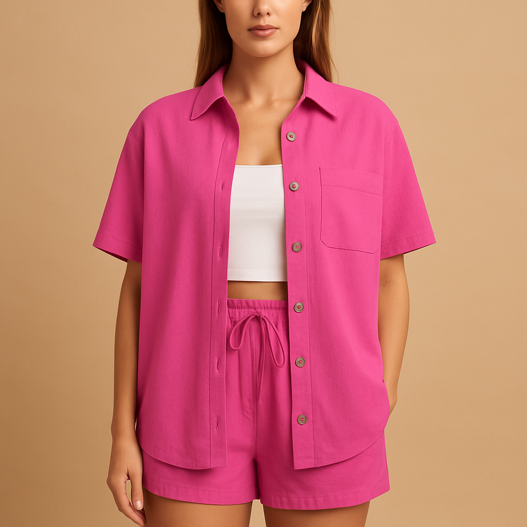 Women’s two-piece summer set with half-length cardigan and drawstring shorts, perfect for beach days, lounging, and casual summer outings.