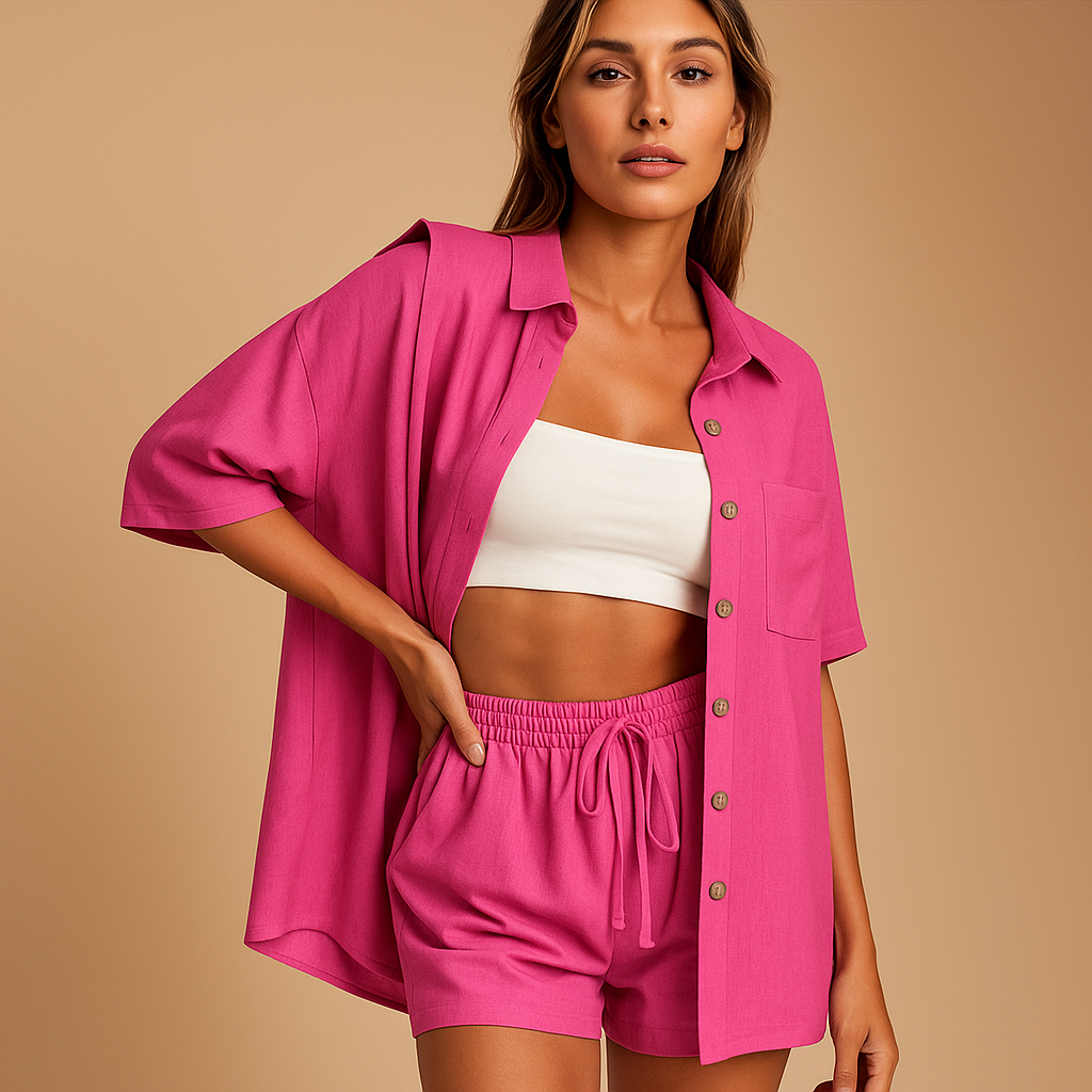 Women’s two-piece summer set with half-length cardigan and drawstring shorts, perfect for beach days, lounging, and casual summer outings.