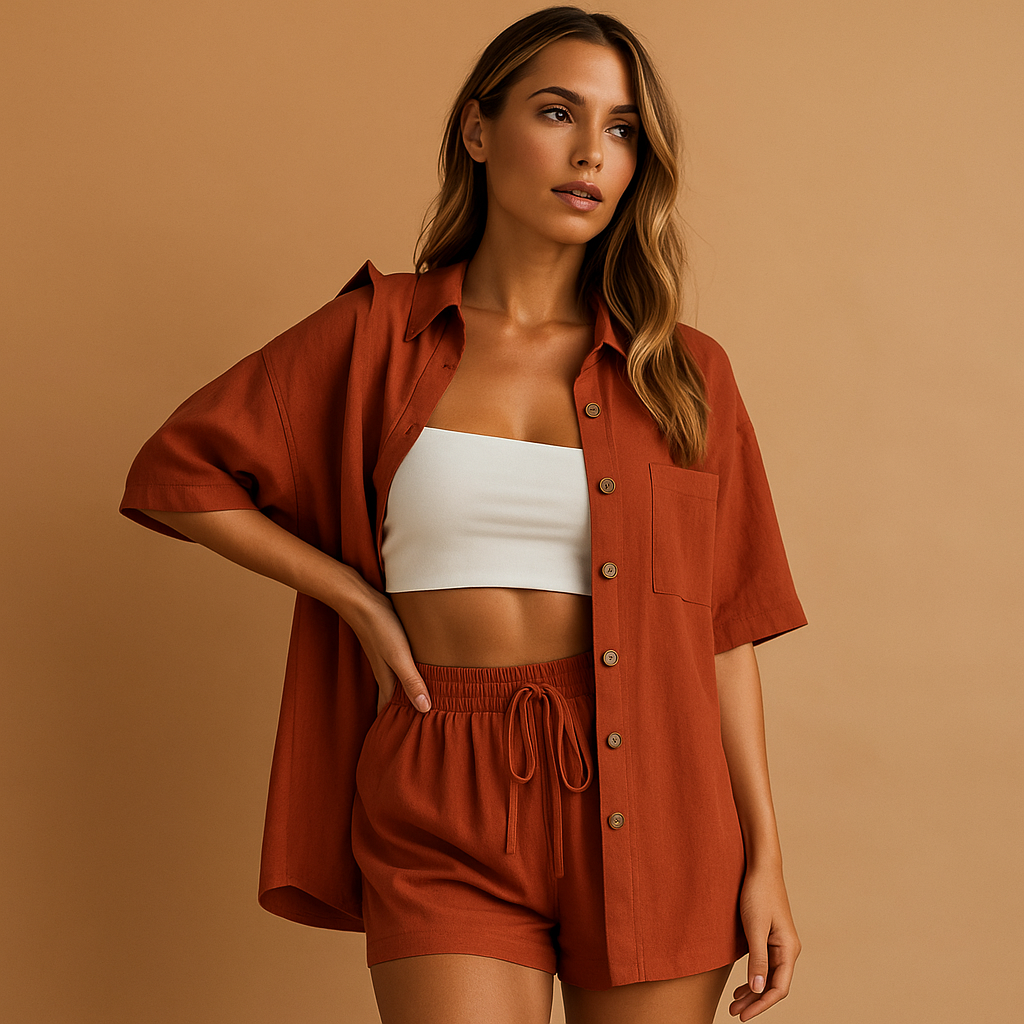 Women’s two-piece summer set with half-length cardigan and drawstring shorts, perfect for beach days, lounging, and casual summer outings.