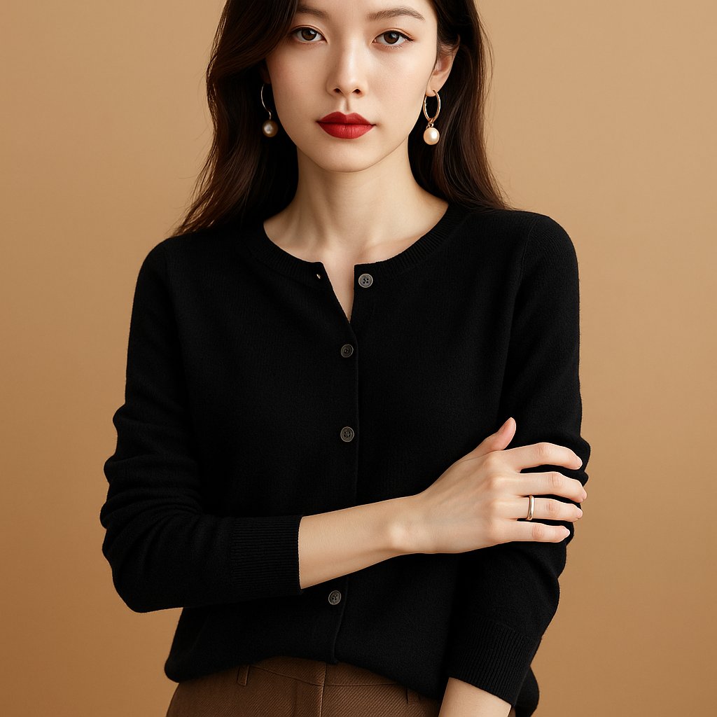 Elegant women’s V-neck cardigan with slim fit and button closure, ideal for daily wear, office outfits, and winter layering.