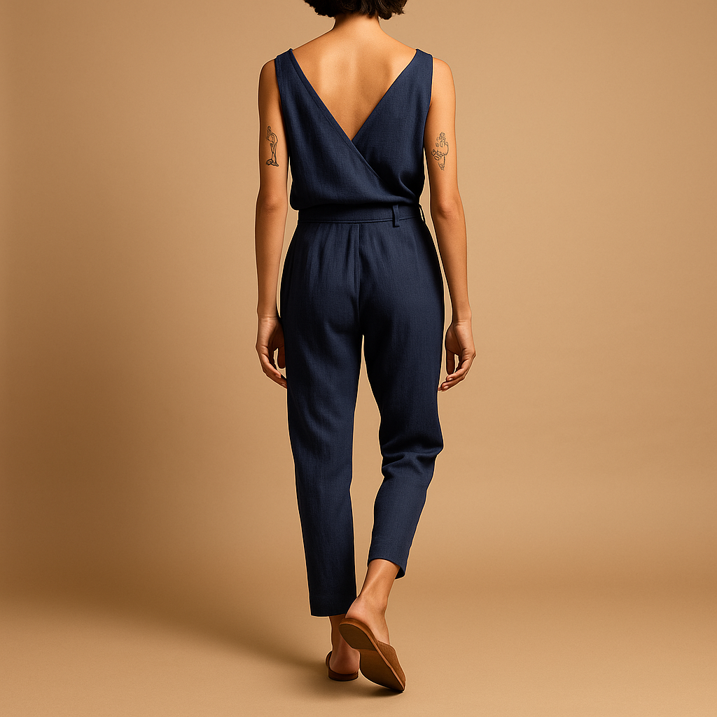 Elegant women’s V-neck jumpsuit with adjustable waist and long legs, perfect for summer days, beach walks, or relaxing at home.