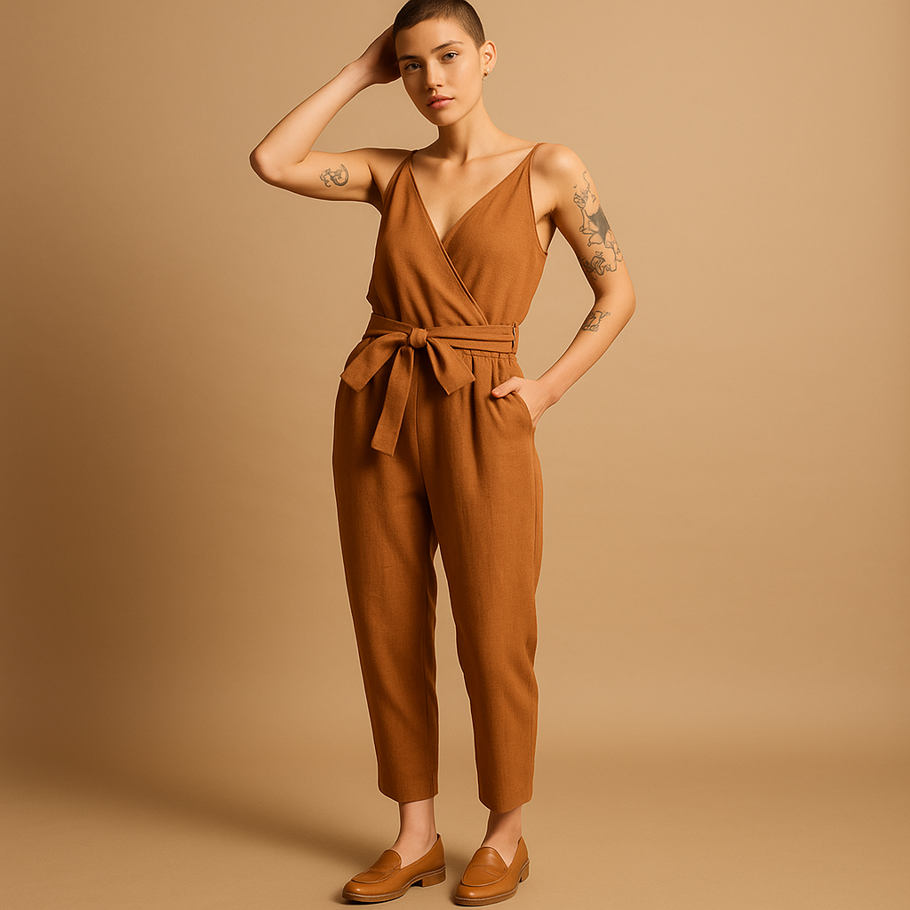 Elegant women’s V-neck jumpsuit with adjustable waist and long legs, perfect for summer days, beach walks, or relaxing at home.