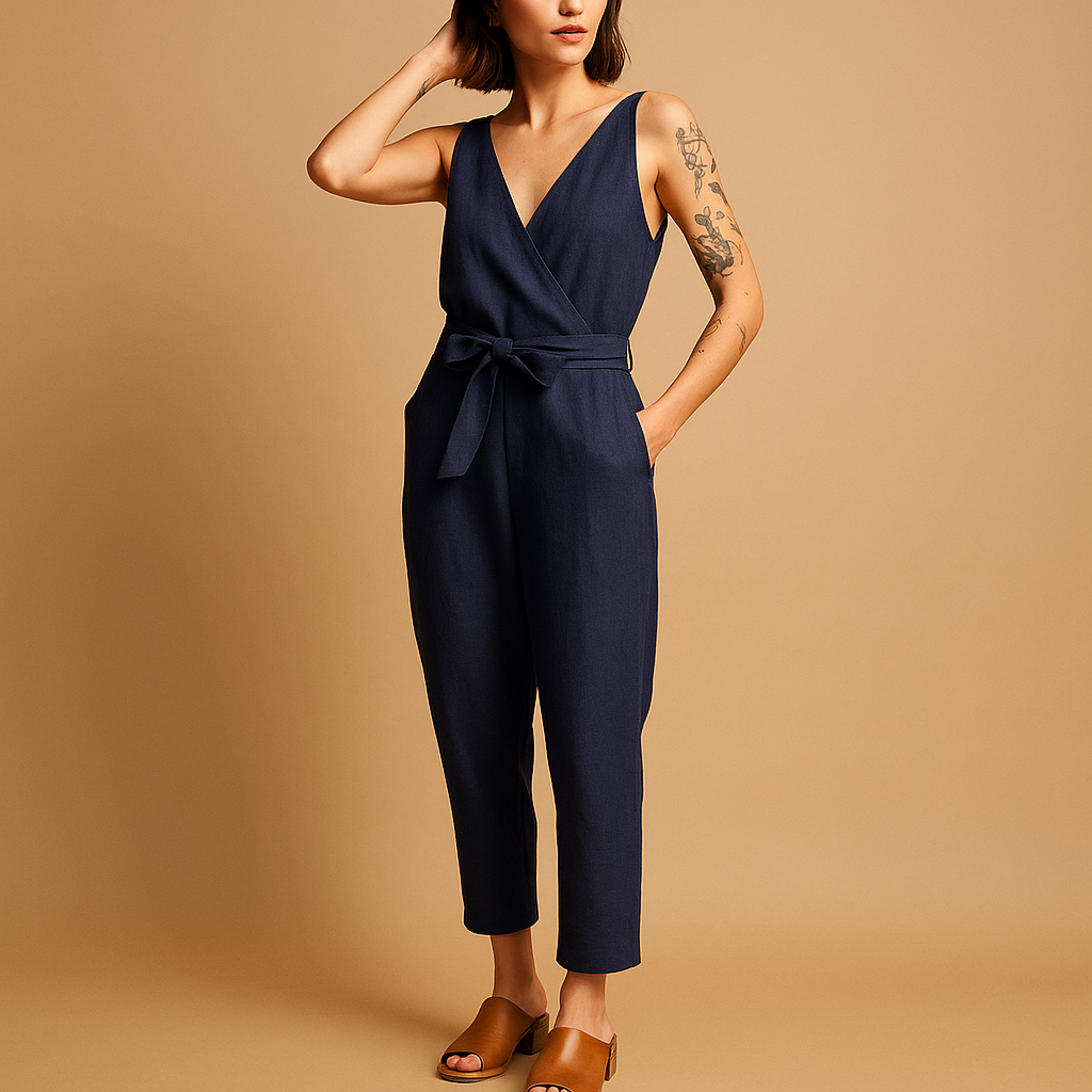 Elegant women’s V-neck jumpsuit with adjustable waist and long legs, perfect for summer days, beach walks, or relaxing at home.