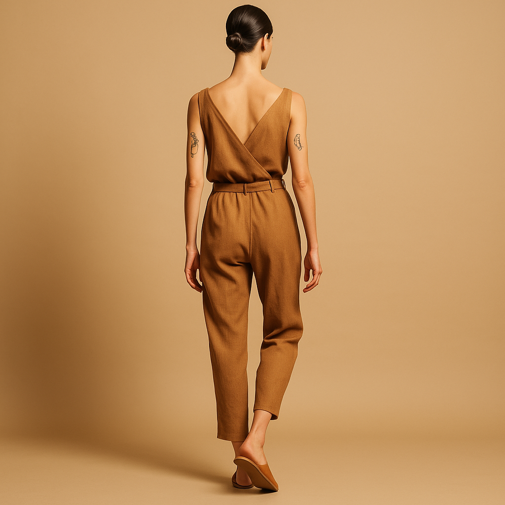 Elegant women’s V-neck jumpsuit with adjustable waist and long legs, perfect for summer days, beach walks, or relaxing at home.