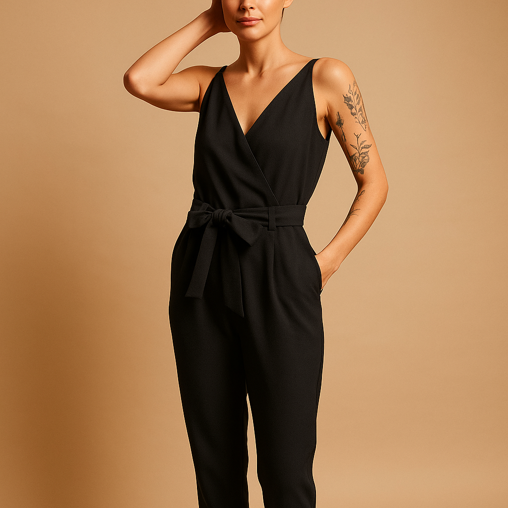 Elegant women’s V-neck jumpsuit with adjustable waist and long legs, perfect for summer days, beach walks, or relaxing at home.