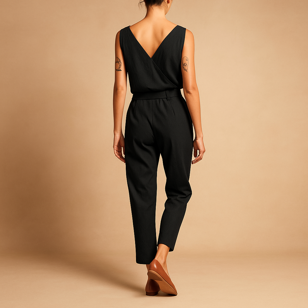 Elegant women’s V-neck jumpsuit with adjustable waist and long legs, perfect for summer days, beach walks, or relaxing at home.
