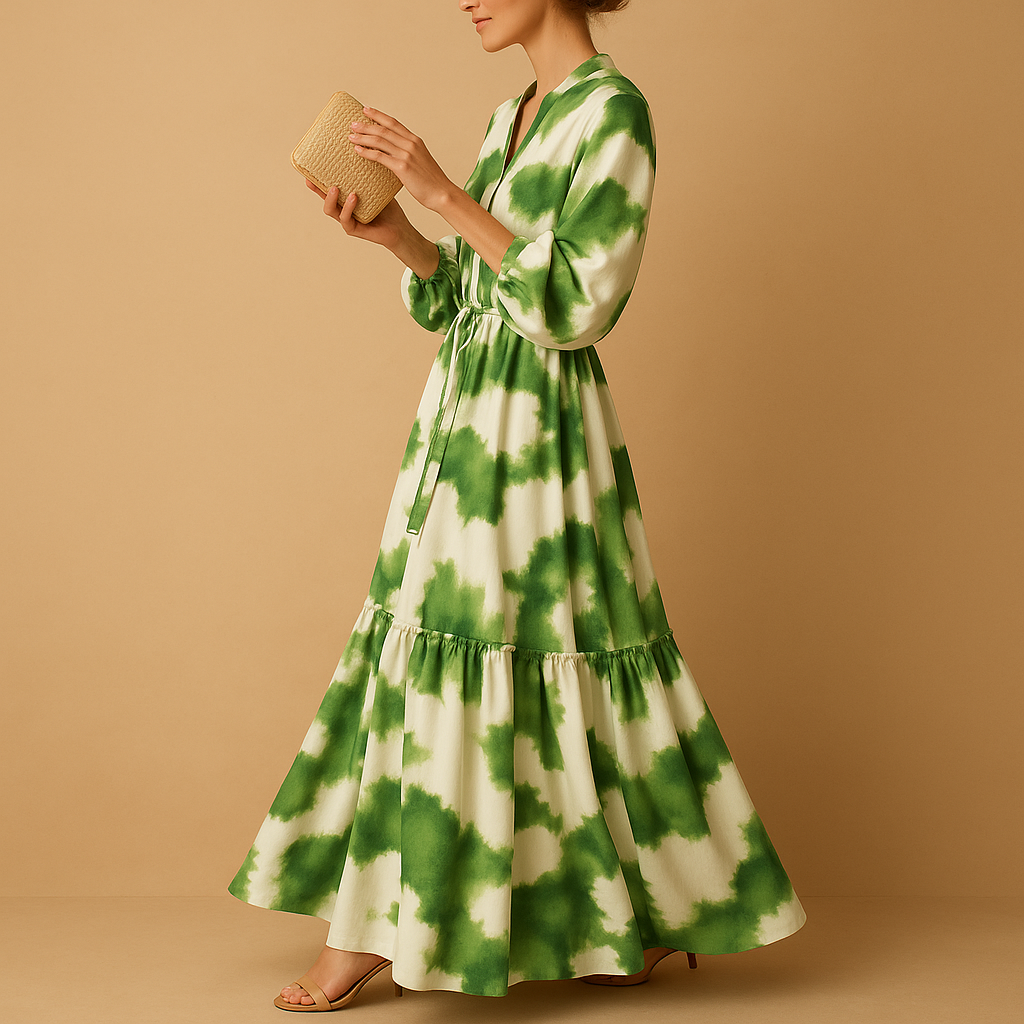 Women’s V-neck maxi dress with long sleeves and flowy silhouette, perfect for formal occasions, dinners, and romantic evenings.