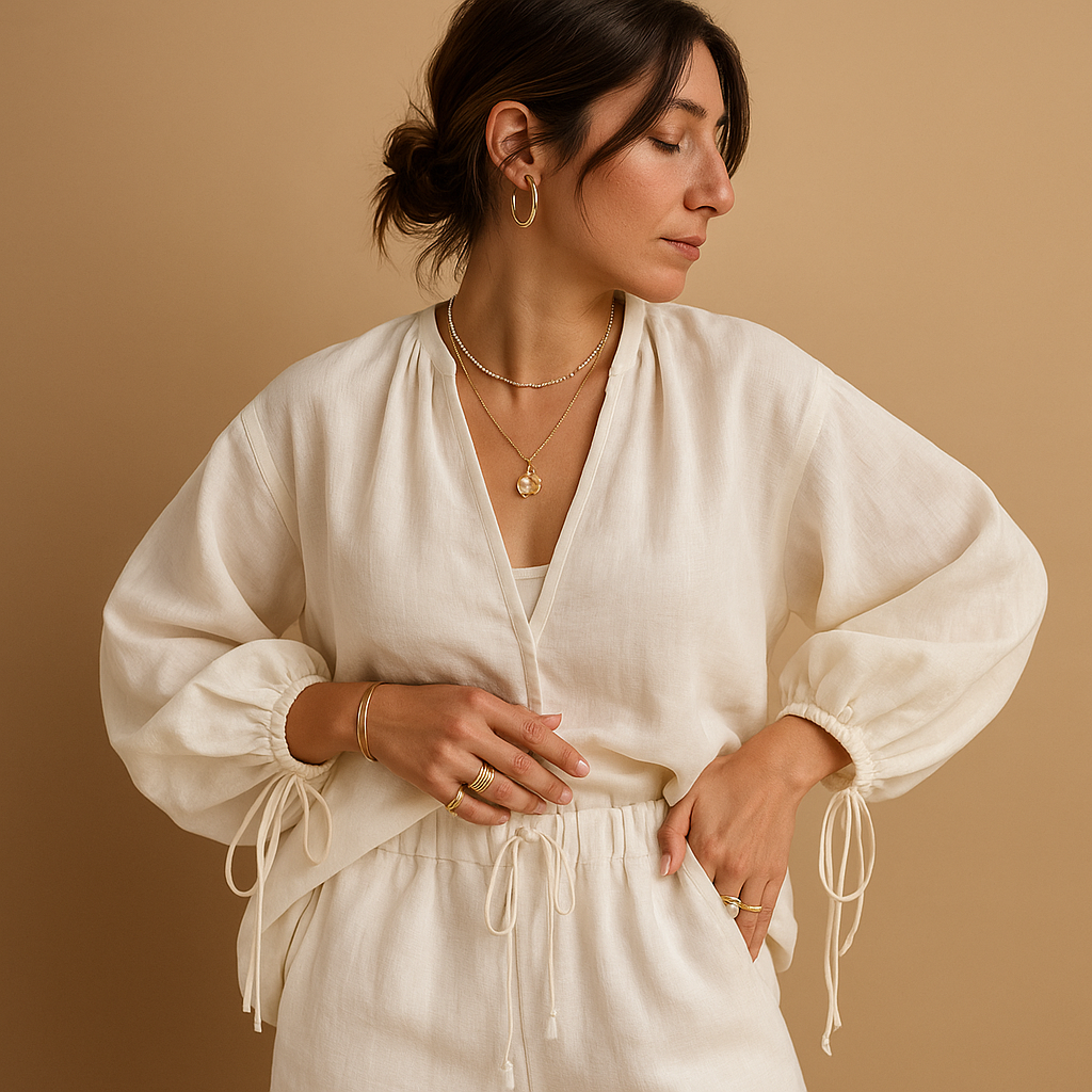 Two-piece summer set for women with V-neck top and ruffled shorts, ideal for casual days, lounging, or warm summer evenings.