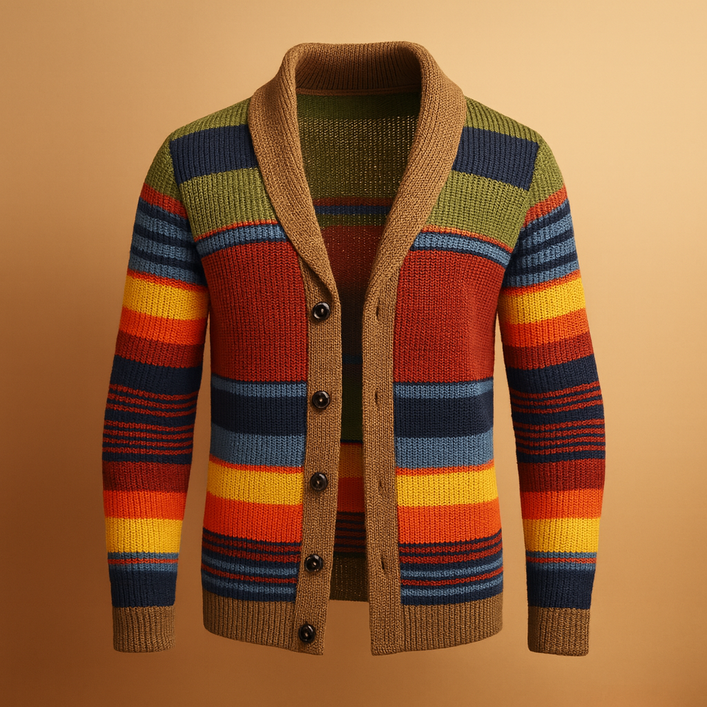 Men’s vintage knitted cardigan with buttons in multicolor and neutral tones,warm, durable, and perfect for casual or formal outfits.