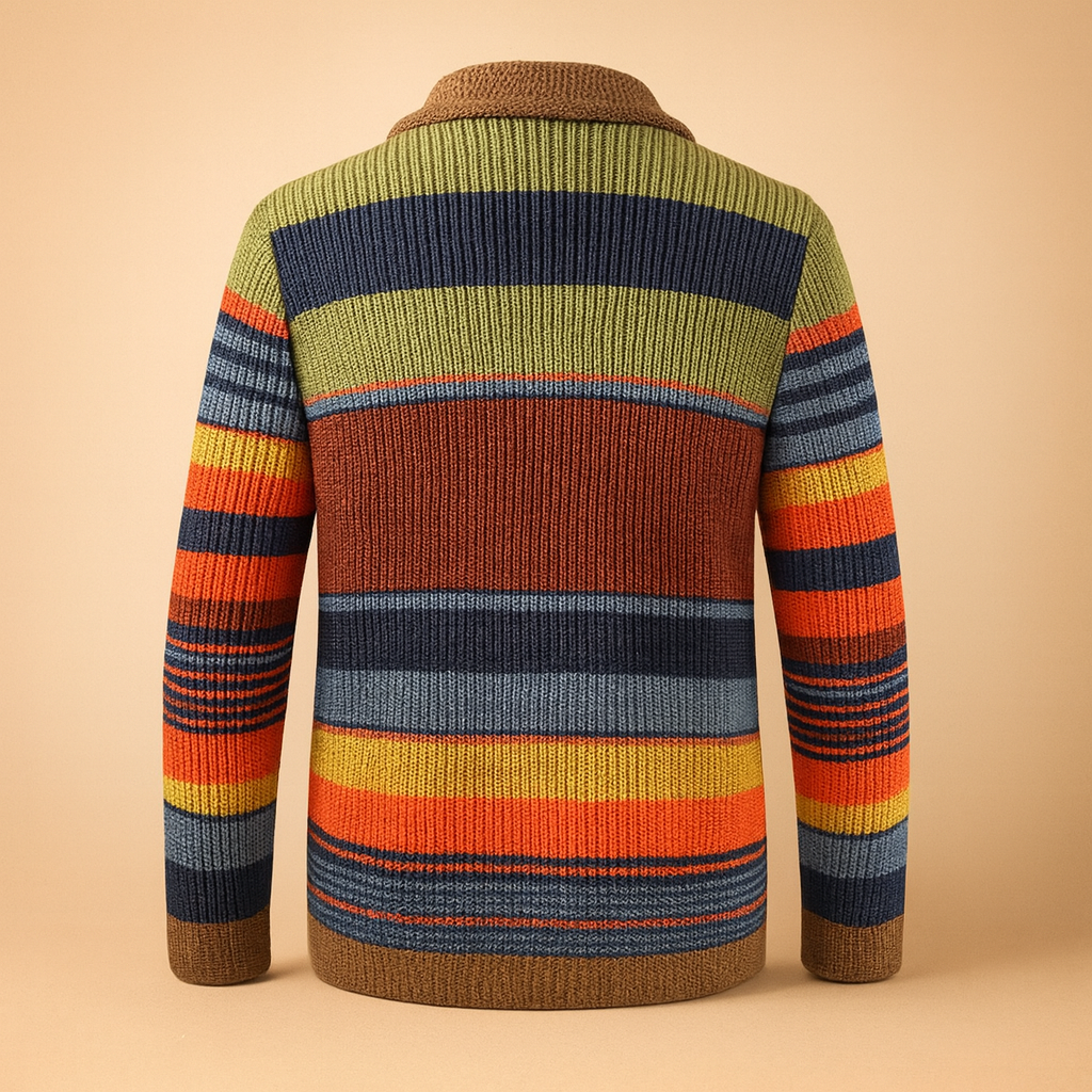 Men’s vintage knitted cardigan with buttons in multicolor and neutral tones,warm, durable, and perfect for casual or formal outfits.