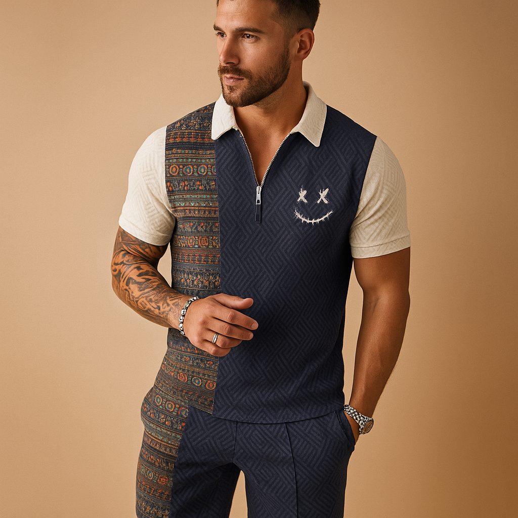 Men’s vintage print summer set with polo and shorts, perfect for holidays, casual outings, and warm summer days.