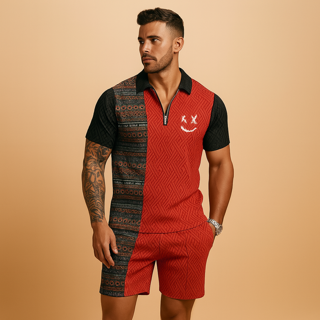 Men’s vintage print summer set with polo and shorts, perfect for holidays, casual outings, and warm summer days.