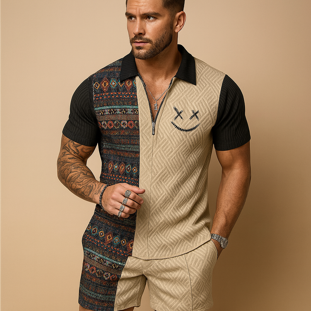 Men’s vintage print summer set with polo and shorts, perfect for holidays, casual outings, and warm summer days.