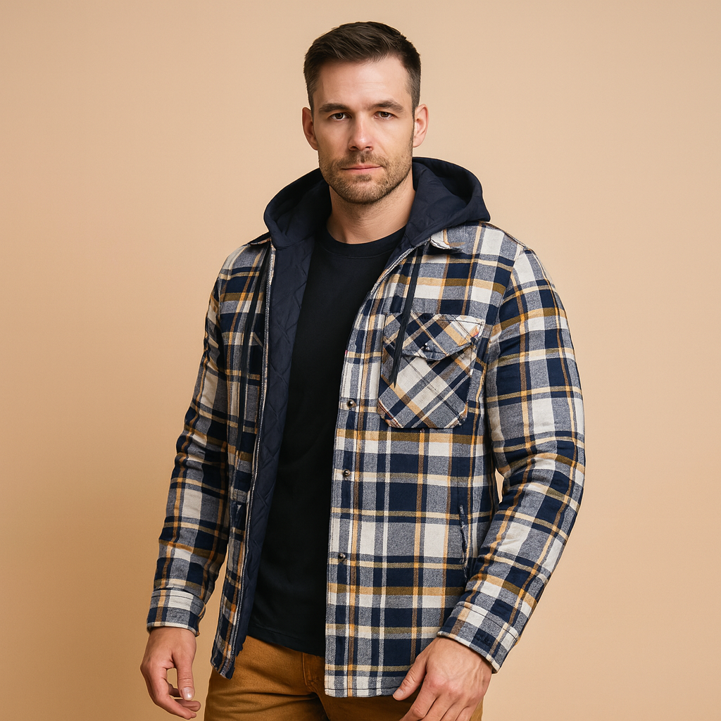 Men’s warm bomber jacket with hood and insulated lining, wind-resistant design perfect for casual or sporty winter wear.