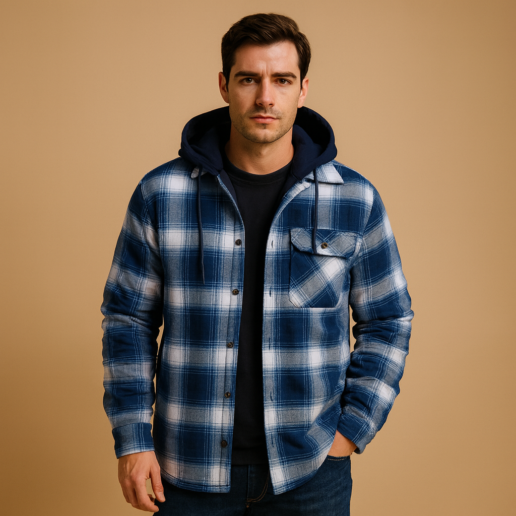 Men’s warm bomber jacket with hood and insulated lining, wind-resistant design perfect for casual or sporty winter wear.