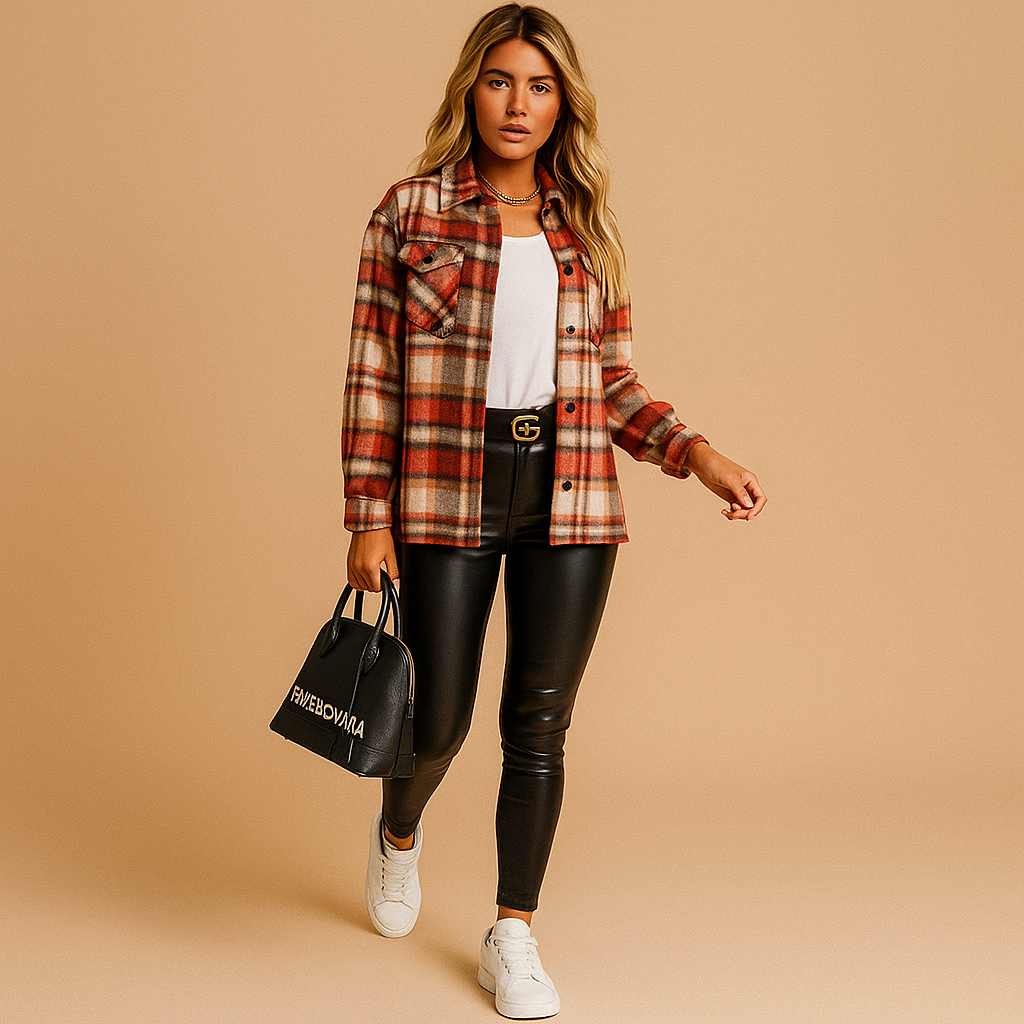 Warm checkered jacket for women with relaxed fit and insulating lining, perfect for cool mornings and autumn activities.