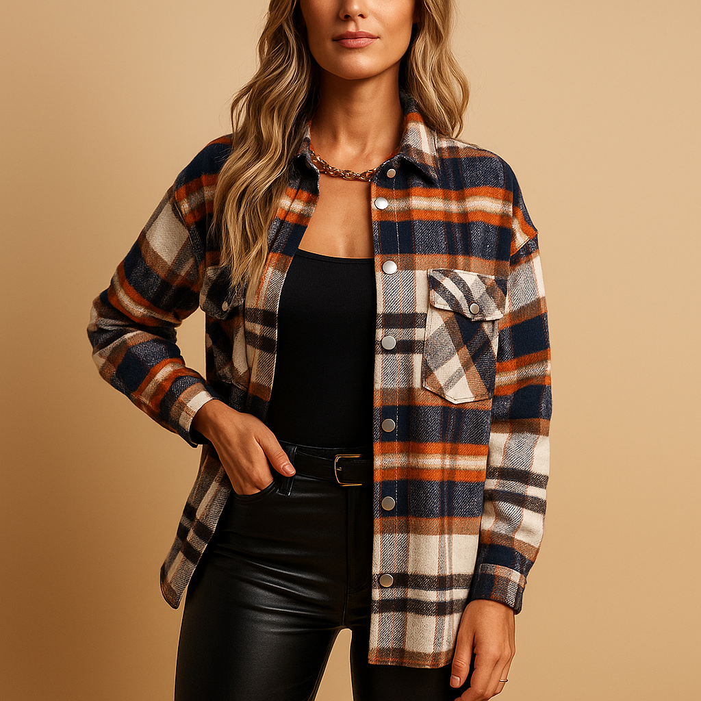 Warm checkered jacket for women with relaxed fit and insulating lining, perfect for cool mornings and autumn activities.