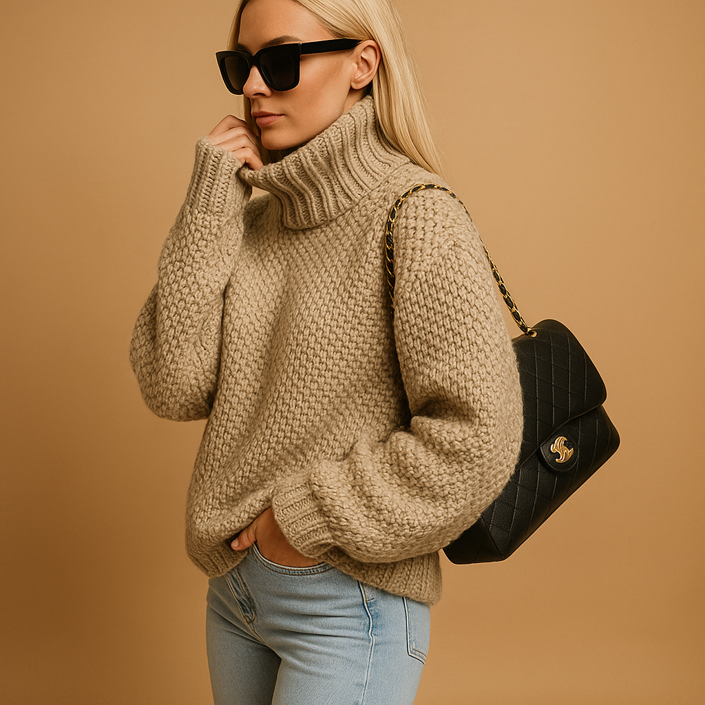 Women’s warm knitted pullover sweater with relaxed fit, breathable thick knit, available in white, khaki, black, green, and purple for autumn and winter.