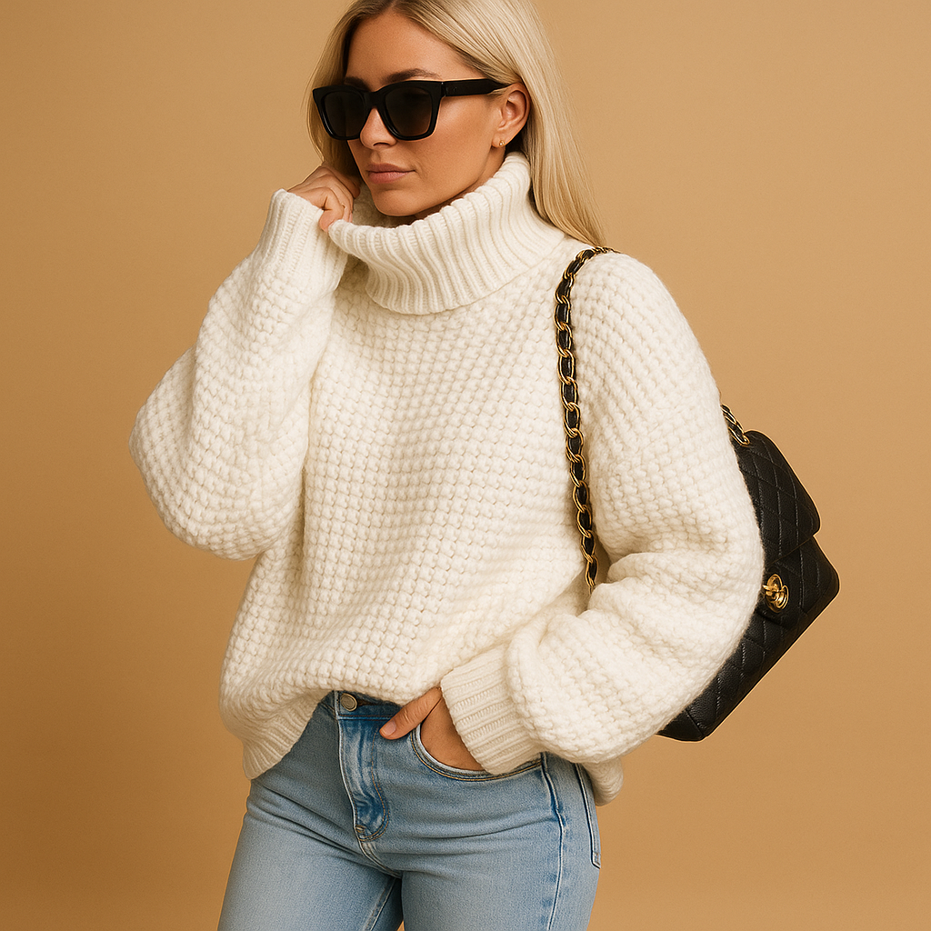 Women’s warm knitted pullover sweater with relaxed fit, breathable thick knit, available in white, khaki, black, green, and purple for autumn and winter.