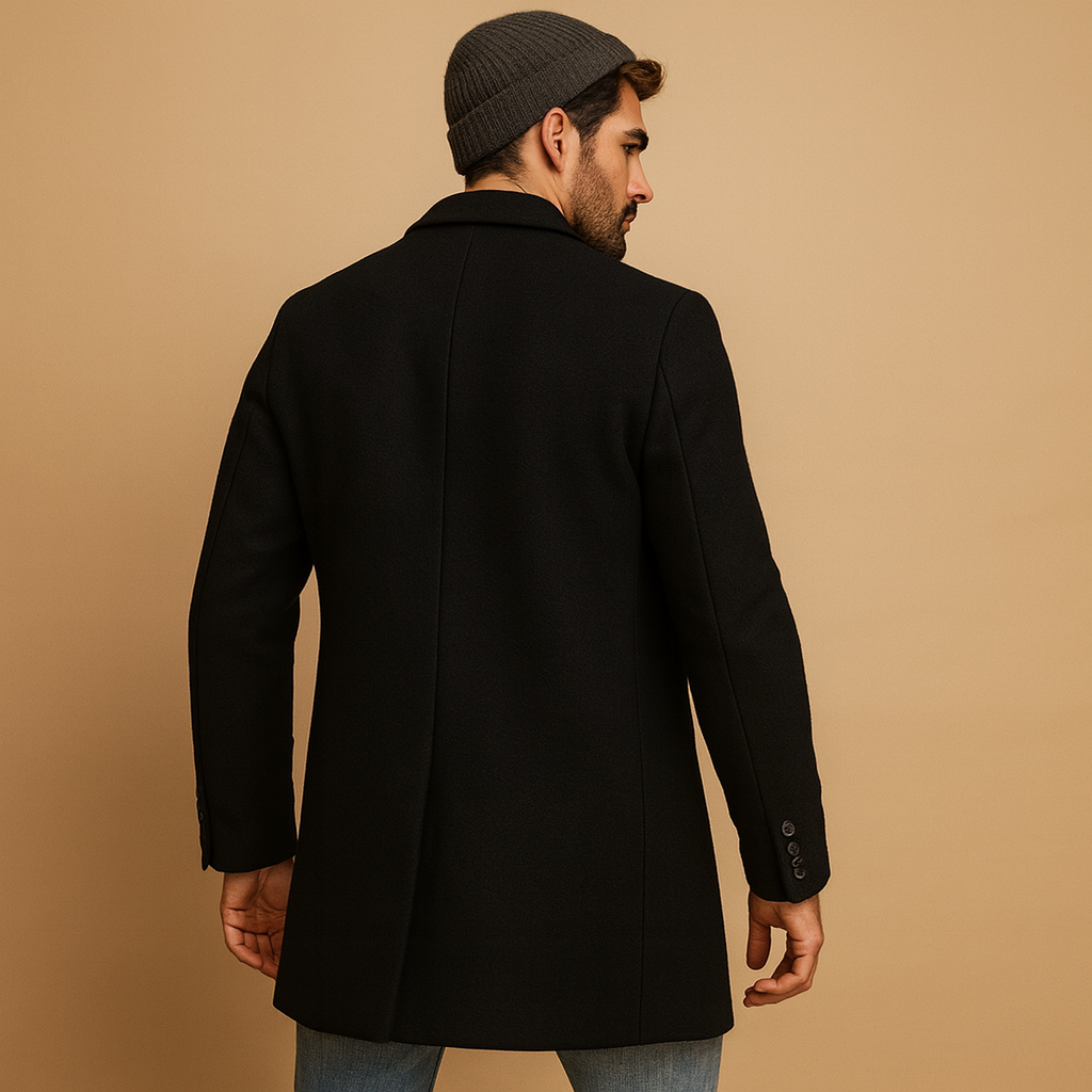 Men’s warm overcoat with relaxed fit and classic design, ideal for cold autumn and winter days, perfect for formal or casual wear.