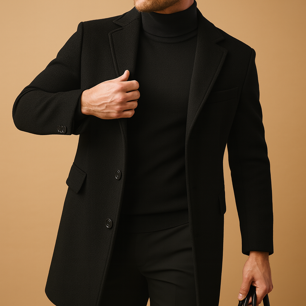 Men’s warm overcoat with relaxed fit and classic design, ideal for cold autumn and winter days, perfect for formal or casual wear.
